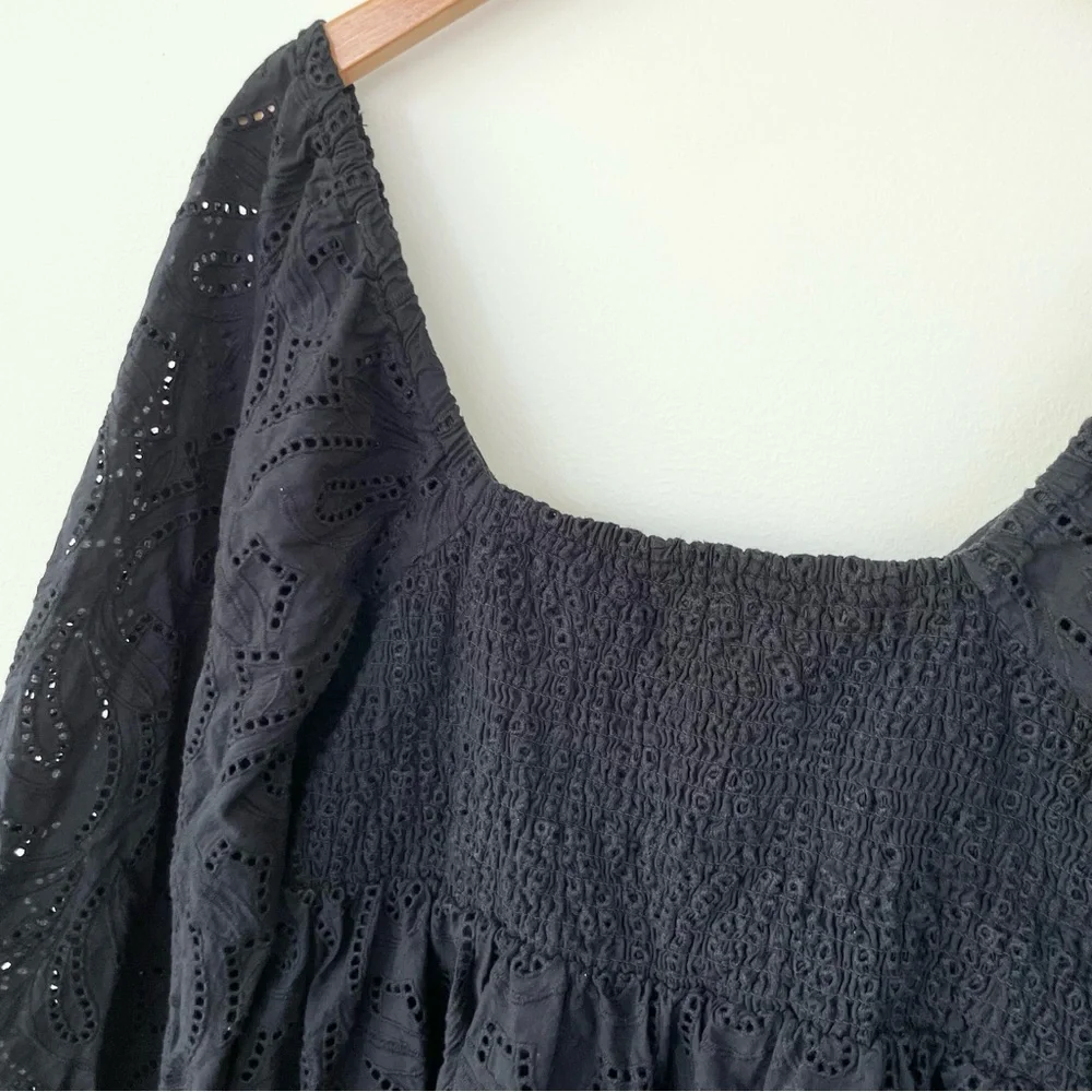 Banana Republic Eyelet Twist Mini Dress MT Med Tall Black Puff Sleeve Babydoll